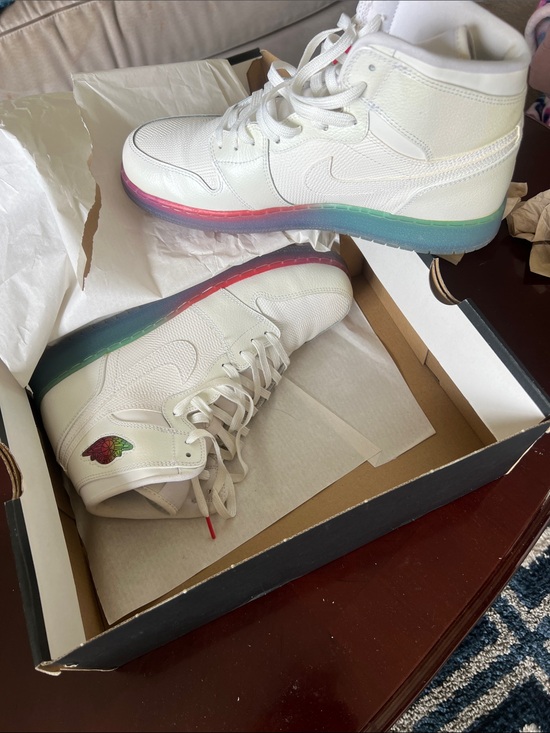 Kids White Jordan High-Top with Rainbow Sole (larger big kid sizes range)